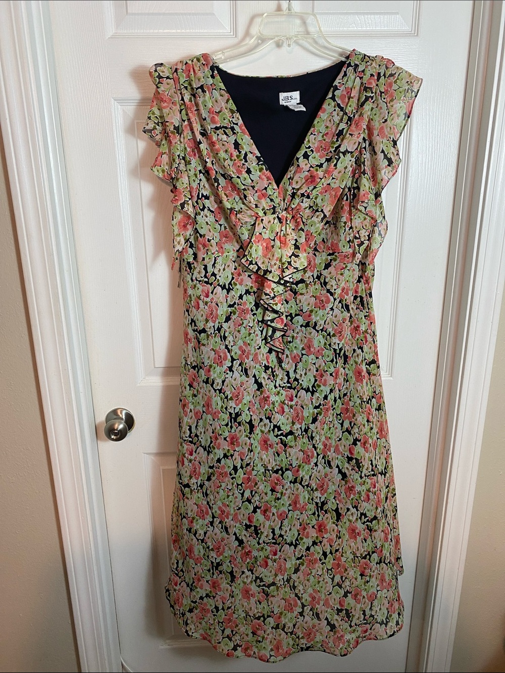 J.B.S. Floral Ruffle Midi Summer Sleeveless Dress in Black, Coral, Green Flowy